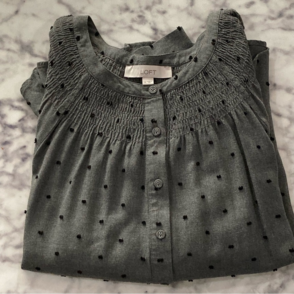 LOFT Charcoal Button-Down Blouse Black and Grey Swiss-Dot XL